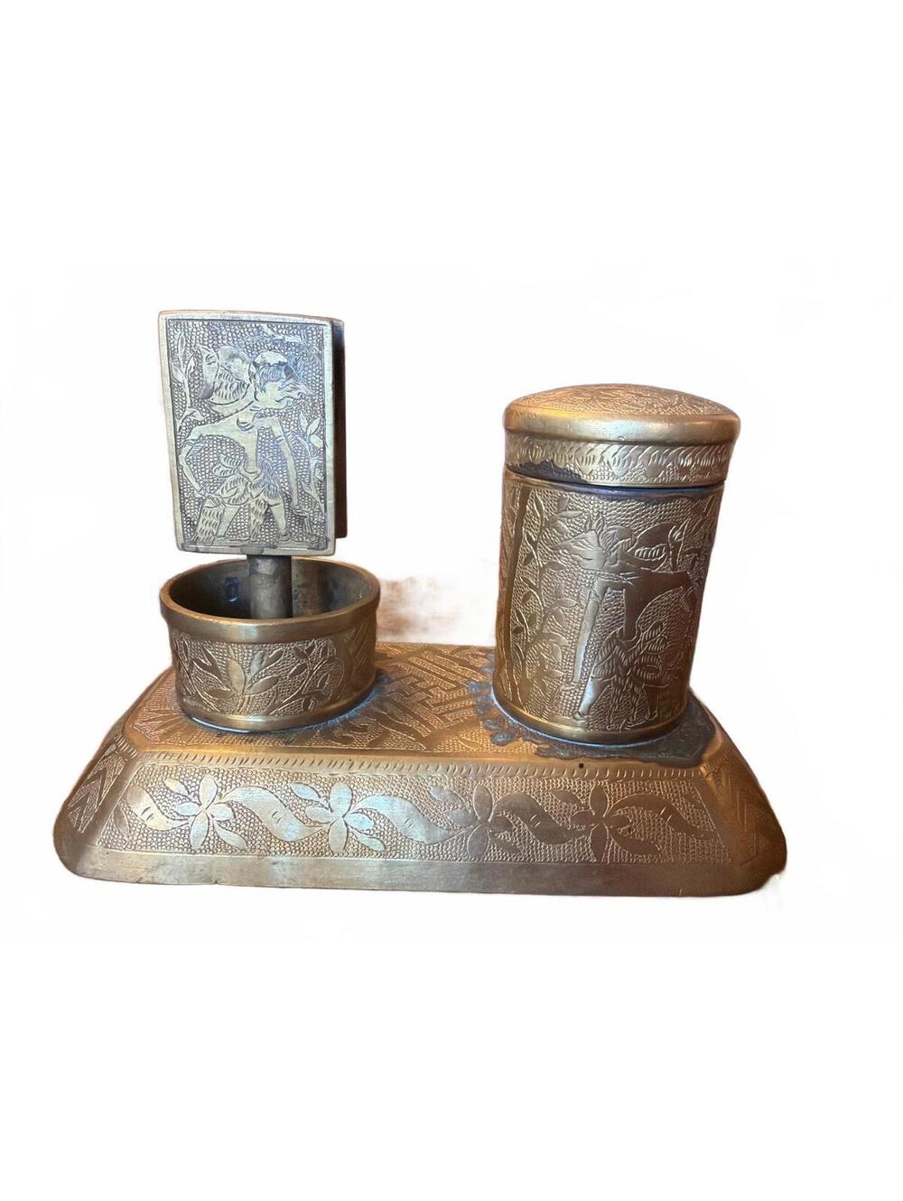 Mid-century etched Bras smoking set, lots of patina